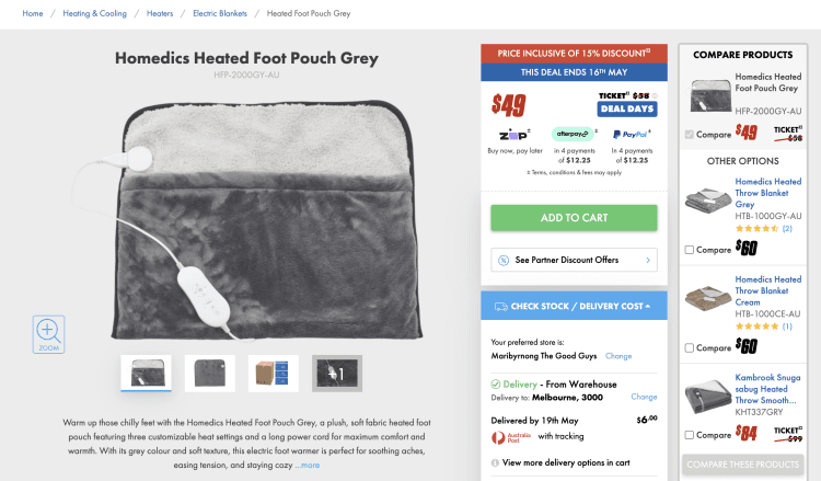 The Good Guys: Homedics Heated Foot Pouch Grey – was $58, now $49